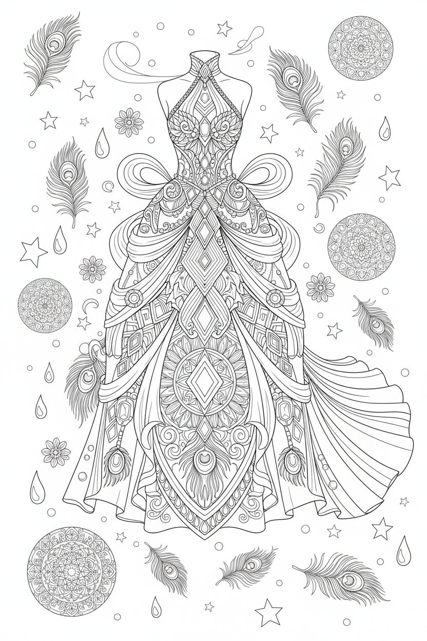Coloring Page 3 — Majestic Peacock Jewel Gown