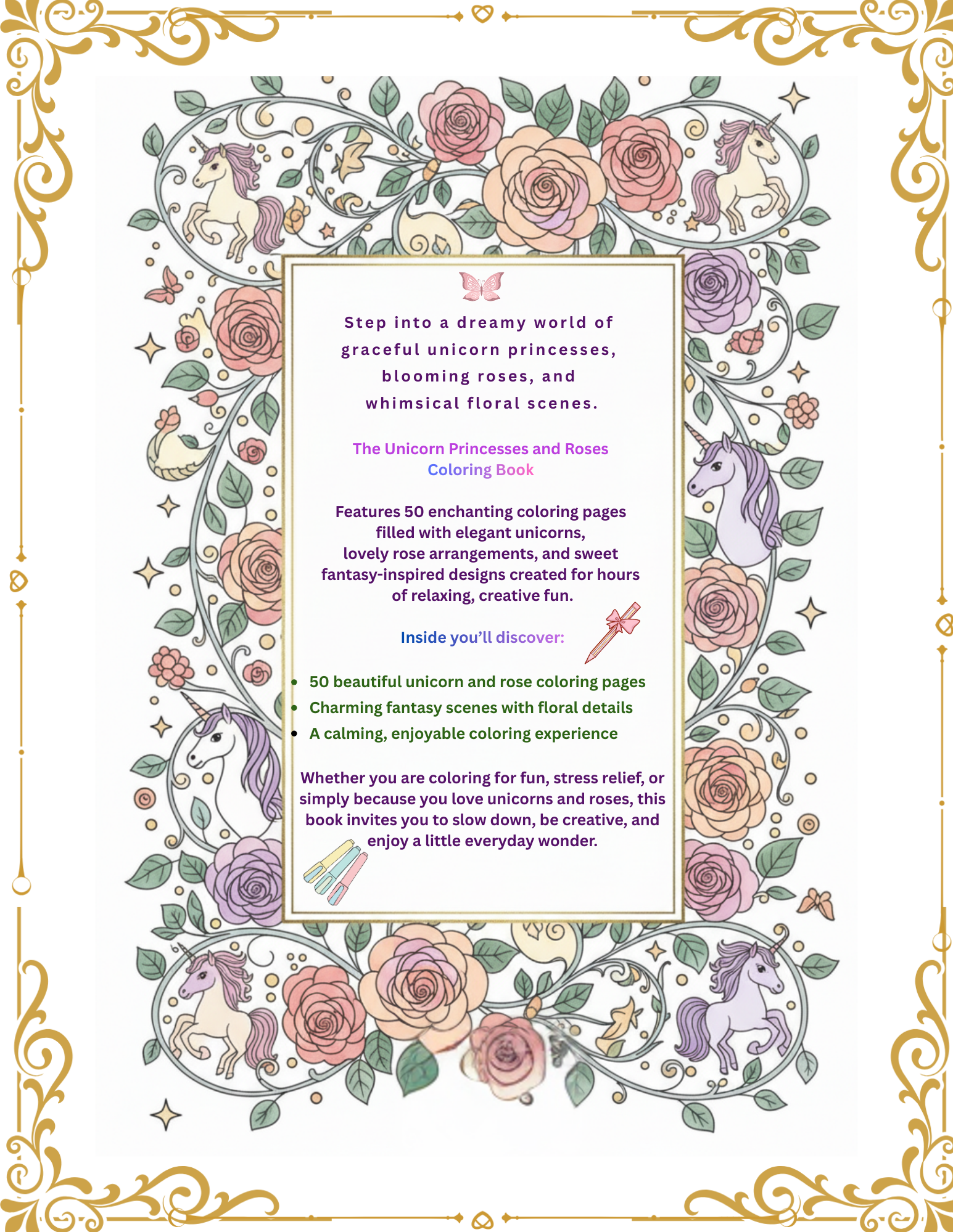 Unicorn Princesses and Roses Coloring Book - 50 Pages (Download Digital Flipbook) The Soul of Serendipity