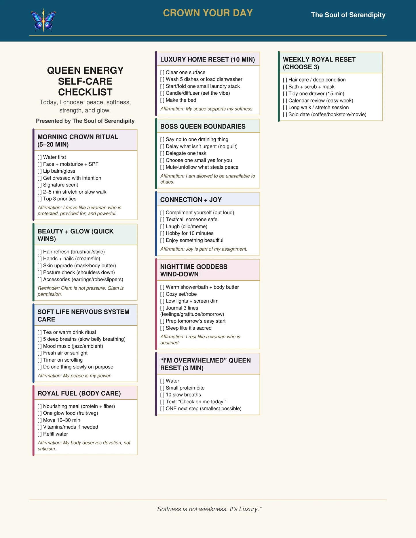 FREE Crown Your Day - Queen Energy Self-Care Checklist (Download Digital 2-Page Flipbook) The Soul of Serendipity