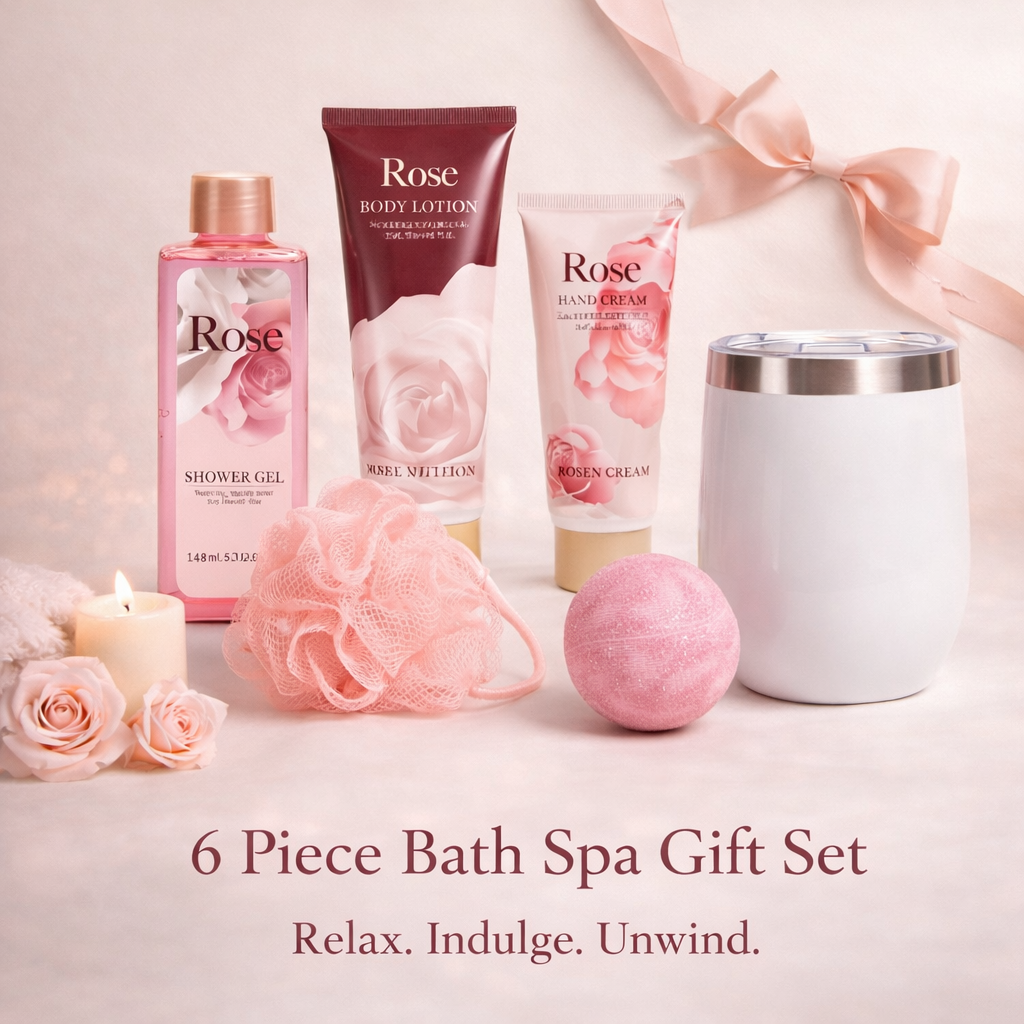Rose Spa Bath Gift Set: 6-Piece Relaxation Kit with Tumbler The Soul of Serendipity
