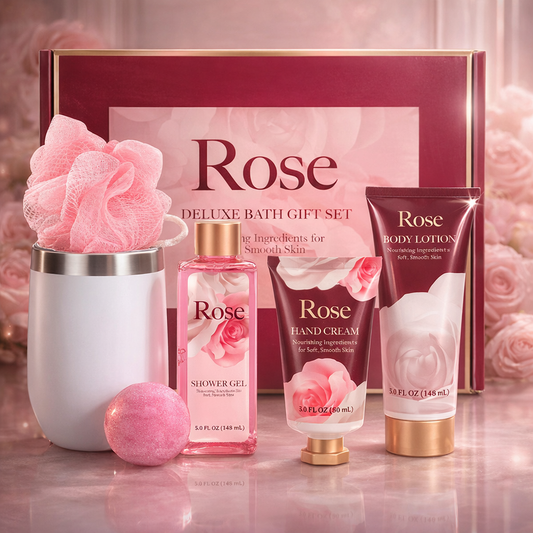 Rose Spa Bath Gift Set | 6-Piece Relaxation Kit with Tumbler