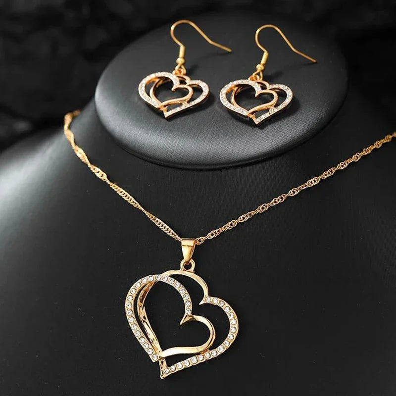 Double Heart Rhinestone Jewelry Set – Pendant & Earrings The Soul of Serendipity