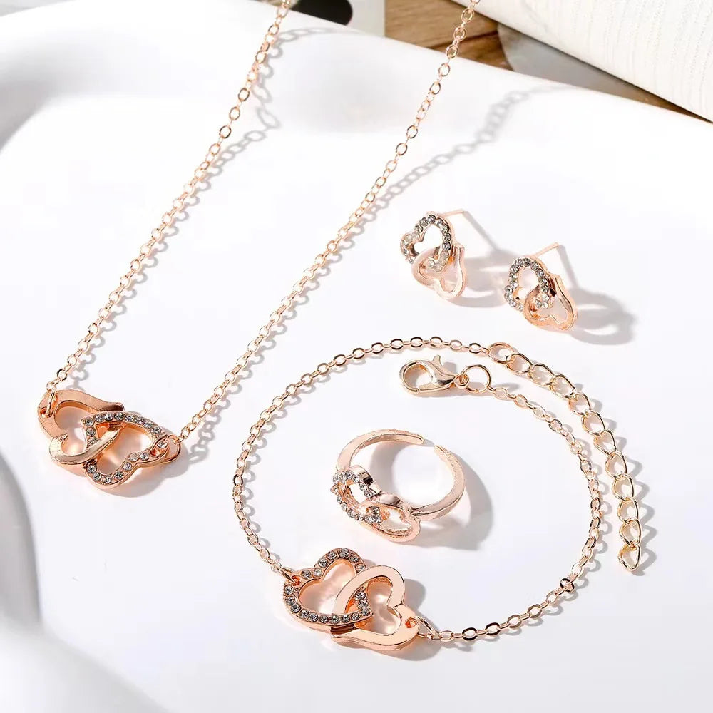 Double Heart Rhinestone 5-Piece Jewelry Set The Soul of Serendipity