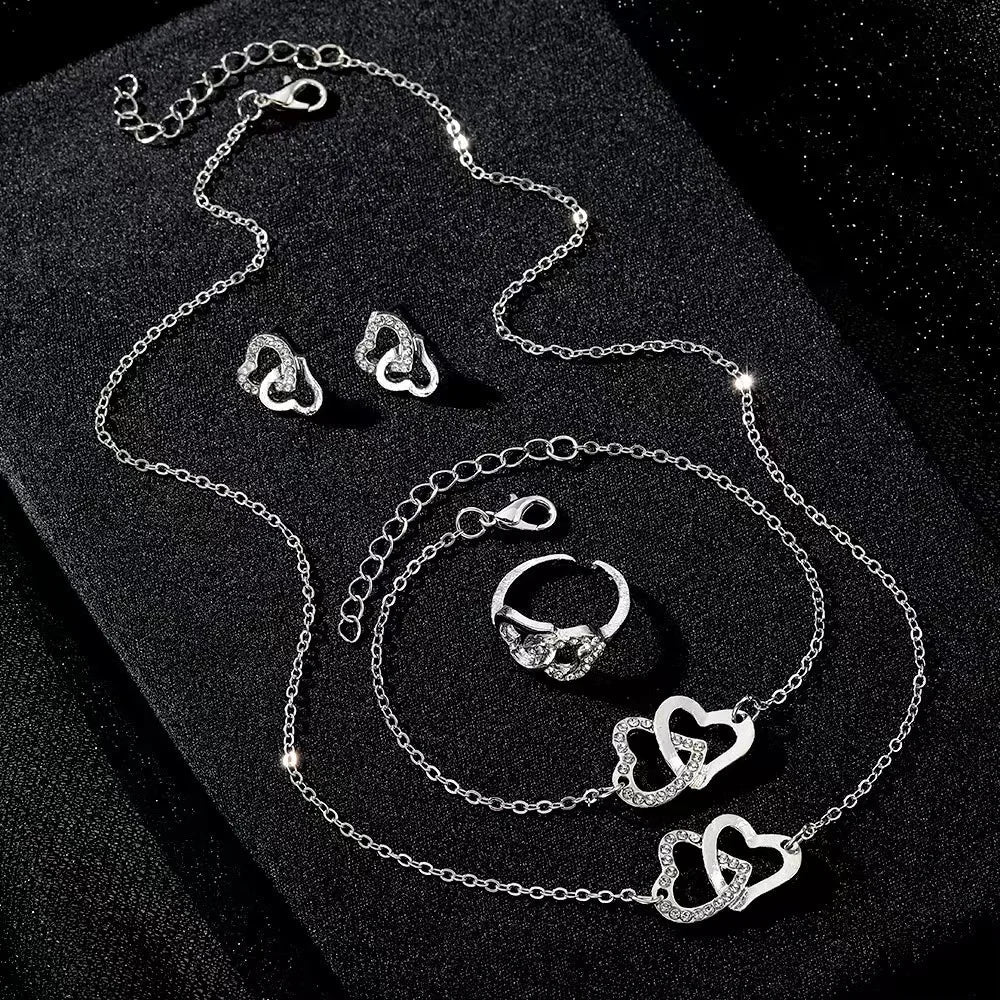 Double Heart Rhinestone 5-Piece Jewelry Set The Soul of Serendipity