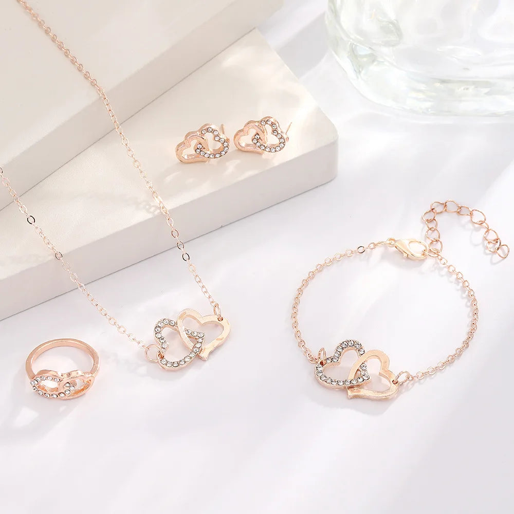 Double Heart Rhinestone 5-Piece Jewelry Set The Soul of Serendipity