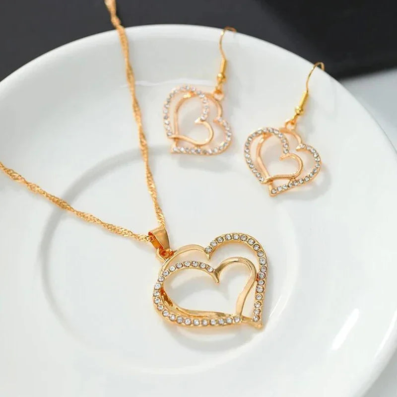 Double Heart Rhinestone Jewelry Set – Pendant & Earrings The Soul of Serendipity