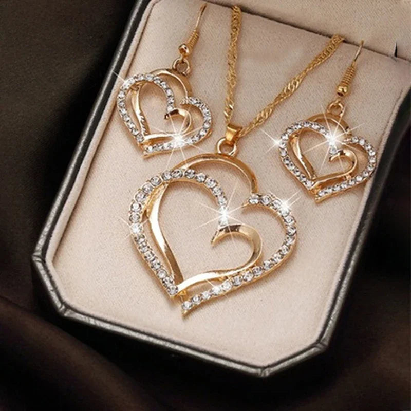 Double Heart Rhinestone Jewelry Set – Pendant & Earrings The Soul of Serendipity