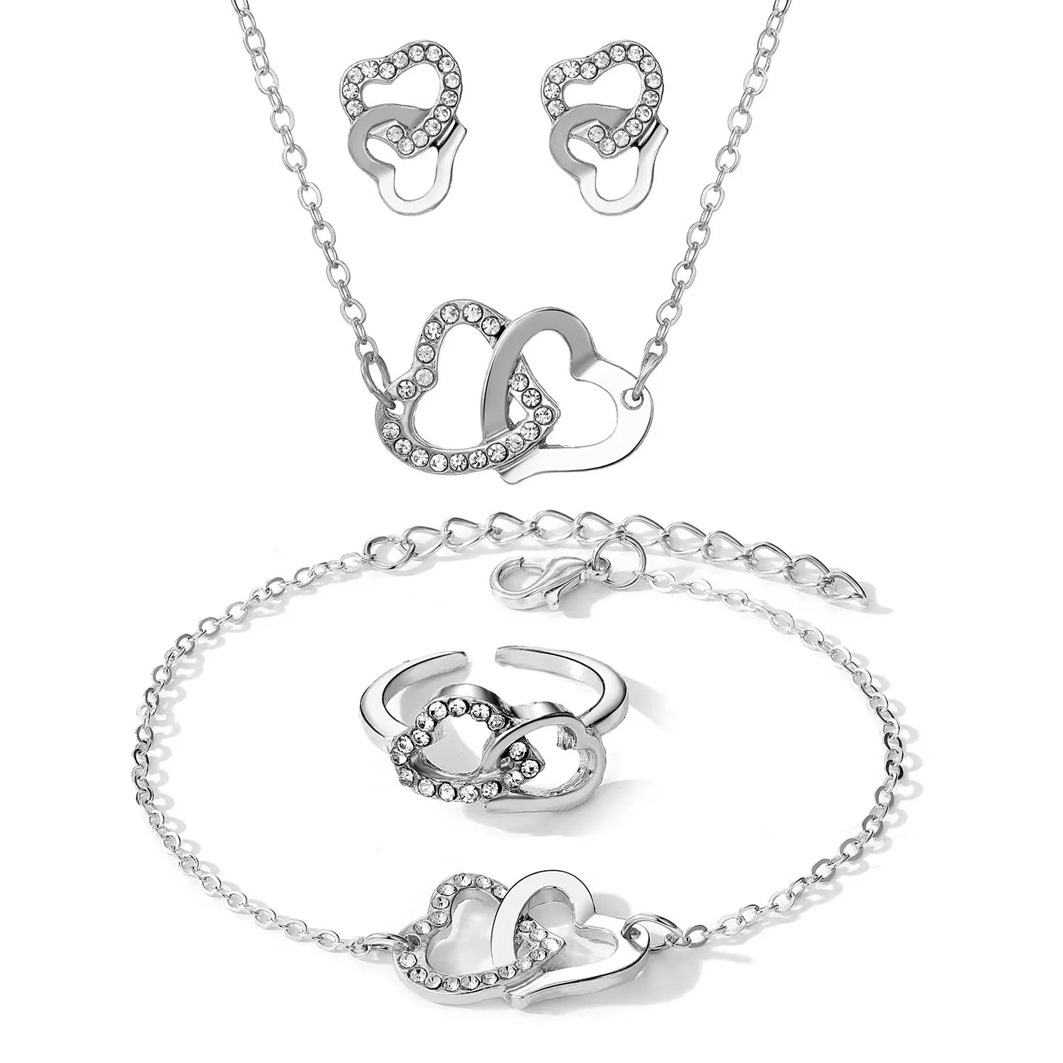 Double Heart Rhinestone 5-Piece Jewelry Set The Soul of Serendipity