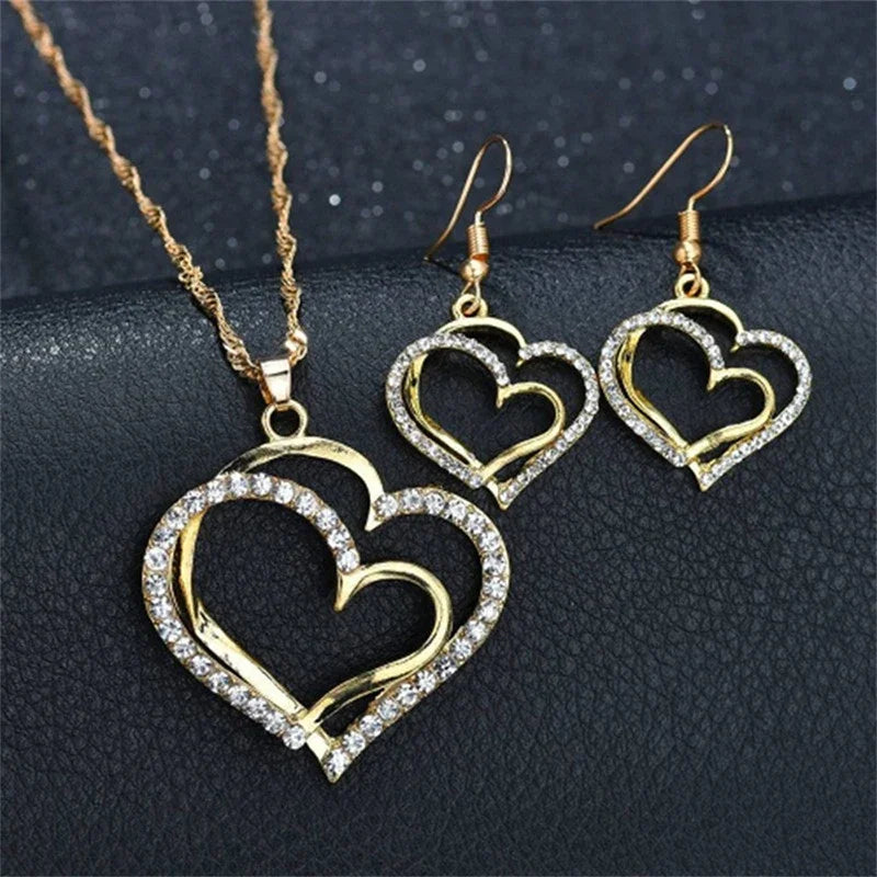 Double Heart Rhinestone Jewelry Set – Pendant & Earrings The Soul of Serendipity