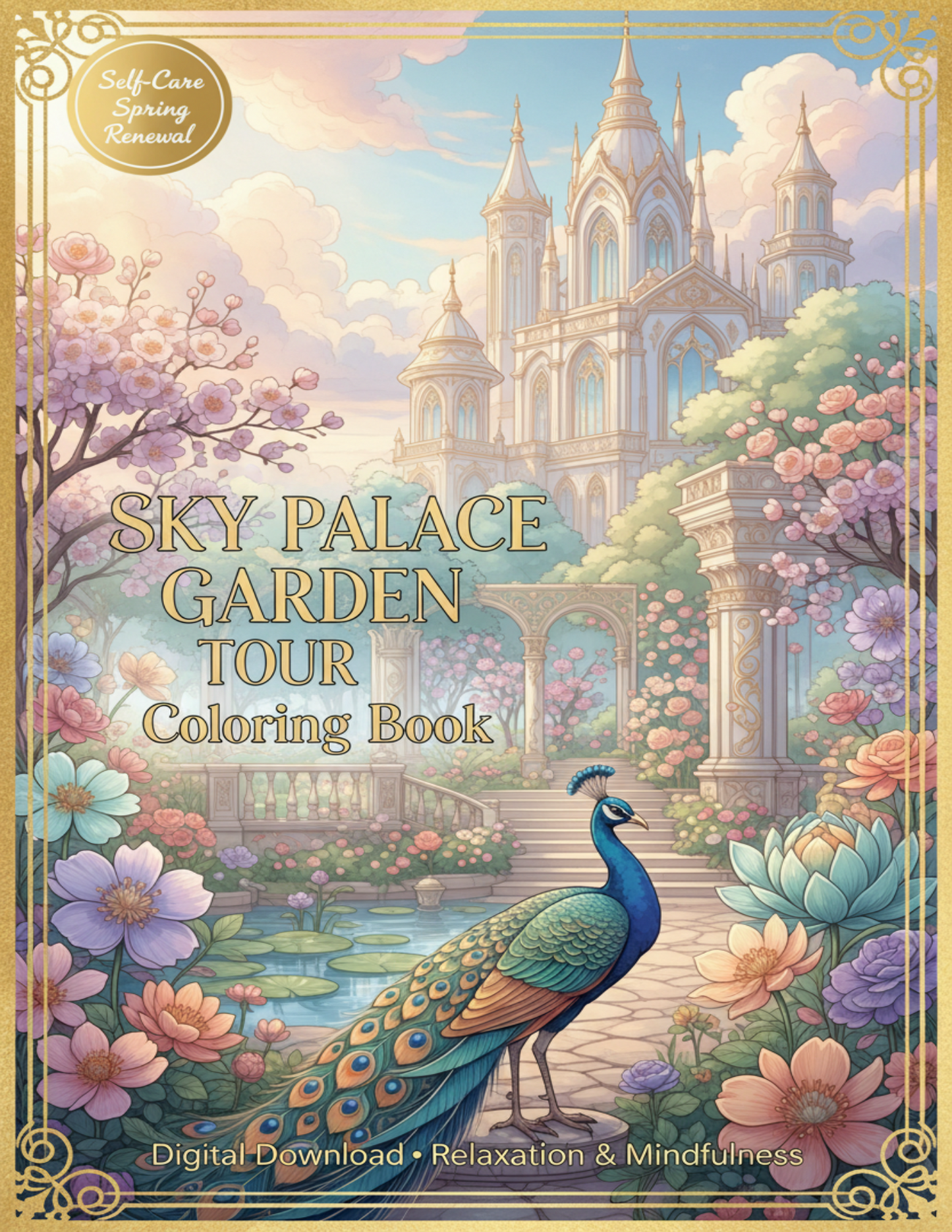 Sky Palace Garden Tour Coloring Book - Pastel Cover | Relaxation & Mindfulness (Download Digital Flipbook)