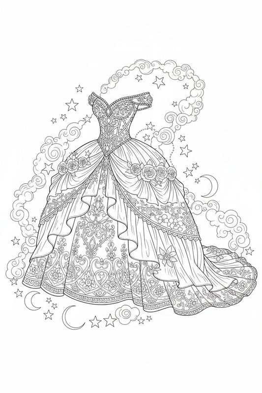 Coloring Page 1 — Celestial Jeweled Rose Gown