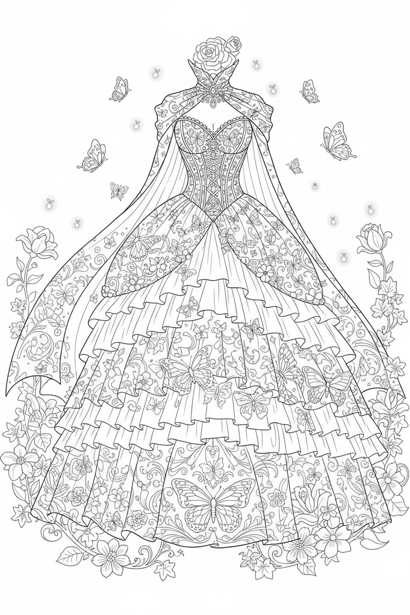 Coloring Page 2 — Enchanted Butterfly Garden Gown